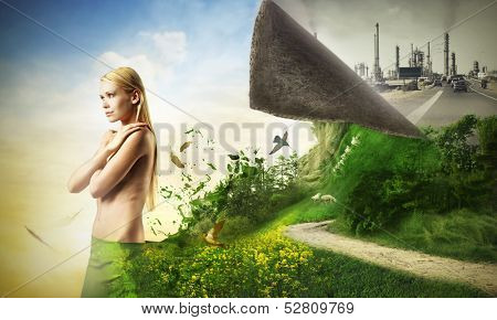 model in the nature and polluted city as background
