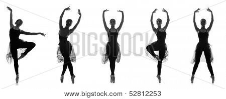 Collection of different ballet poses. Black and white silhouettes isolated on white.