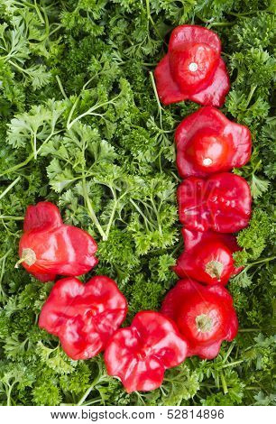 Letter J. Pepper and parsley.