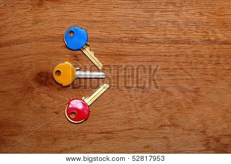 House Keys With Colorful Plastic Coats Caps On Table