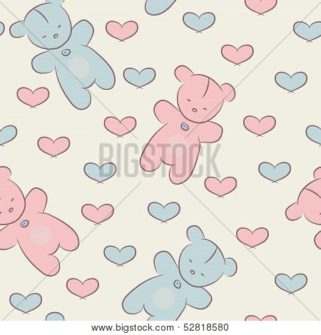 Seamless Pattern With Teddy Bears And Hearts.