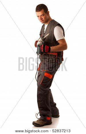 Construction Worket With Drilling Machine Isolated Over White Background