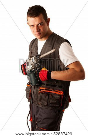 Construction Worket With Drilling Machine Isolated Over White Background
