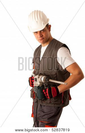 Construction Worket With Drilling Machine Isolated Over White Background