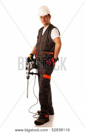 Construction Worket With Drilling Machine Isolated Over White Background