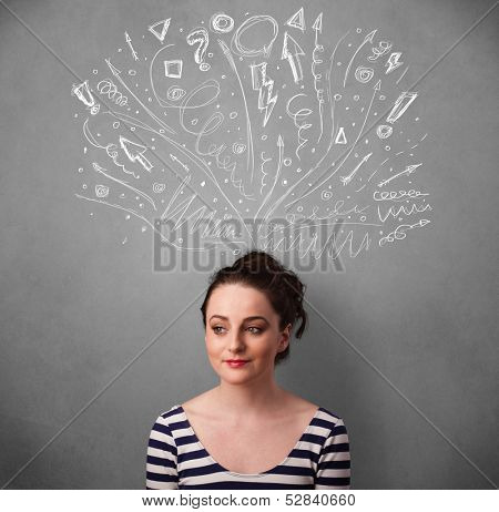 Pretty young woman with many sketched arrows pointed in different directions above her head