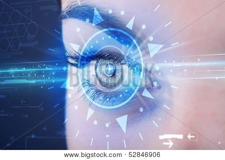 Modern cyber girl with technolgy eye looking into blue iris