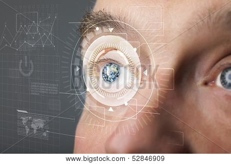 Modern cyber man with technolgy eye looking
