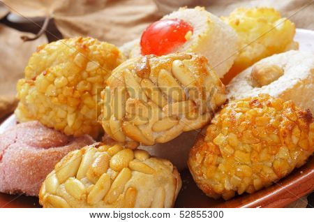 closeup of a pile of panellets, typical pastries of Catalonia, Spain, eaten in All Saints Day