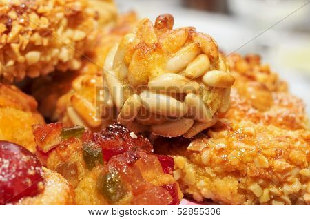 closeup of a pile of panellets, typical pastries of Catalonia, Spain, eaten in All Saints Day