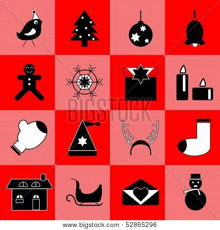 Christmas Black Icons On Red Background