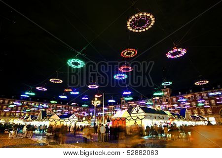 Christmas Time At Plaza De Mayor In Madrid In The Night With Illuminated Stars