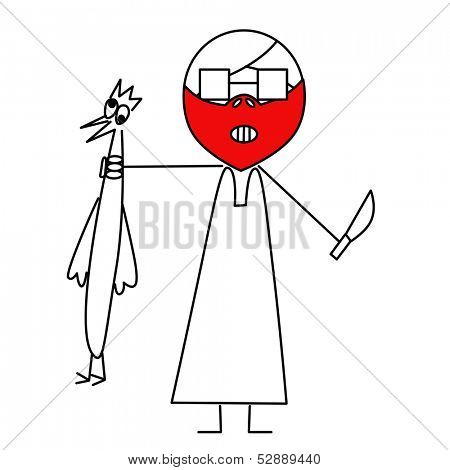 illustration of a guy with a knife and a turkey to cook it for thanksgiving