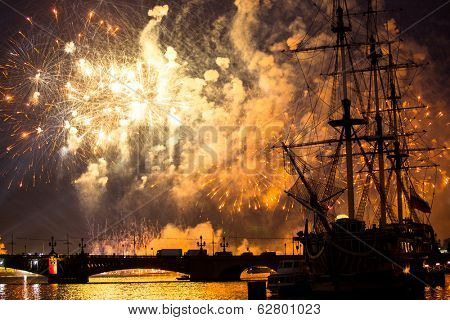 ST.PETERSBURG, RUSSIA - JUNE 24: Celebration Scarlet Sails show during the White Nights Festival, June 24, 2013, St. Petersburg, Russia. From 2010, public attendance grew to 3 million.