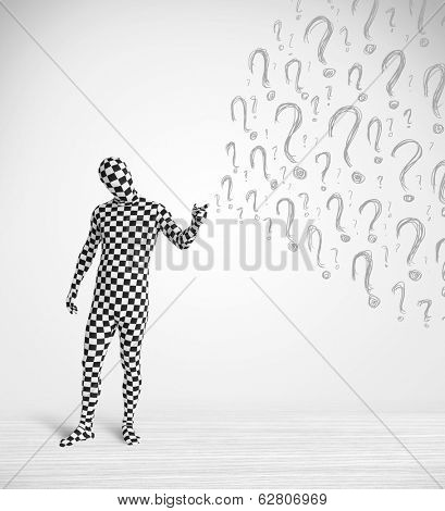 3d human character is body suit morphsuit looking at hand drawn question marks