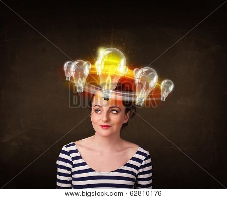 Preety woman with light bulbs circleing around her head 