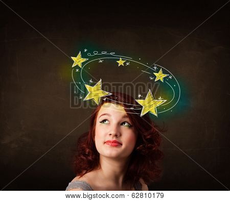 Young girl with yellow stars circleing around her head illustration