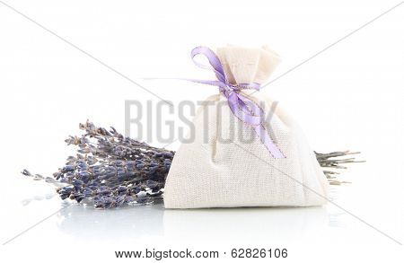 Textile sachet pouch with dried lavender flowers isolated on white