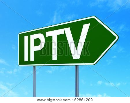 Web design concept: IPTV on road sign background
