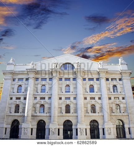 Palazzo Della Borsa. Exchange Building On Dramatic Sky, Milan