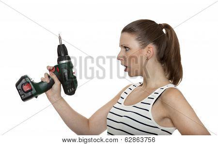 Young Craftswoman Shocked Of A Power Drill