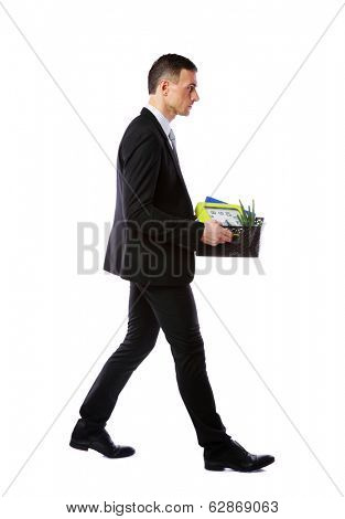 You are fired! Businessman hold box with personal belongings isolated on white background