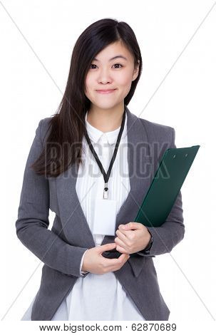 Asian business woman holding clipboard