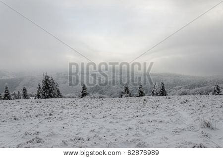 Winter In Mountains On Foggy Overcast Day