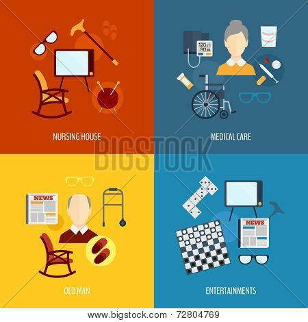 Pensioners life icons flat