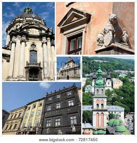 Collage Of Famous Lvov Landmarks (ukraine),old City Center - Unesco Heritage Site