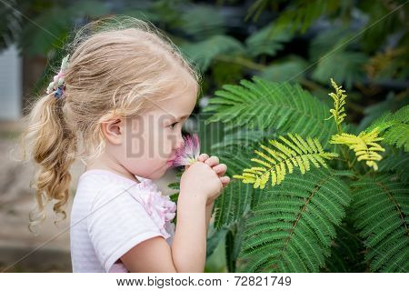 Cute Little Girl Smelling A Flower