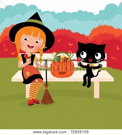 Girl Witch With Her ??cat Celebrate Halloween