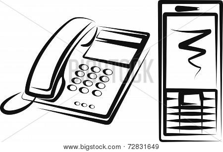Illustration with a  telephone and modern mobile phone
