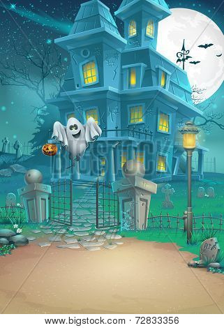 Holiday card with a mysterious Halloween haunted house and fun ghost