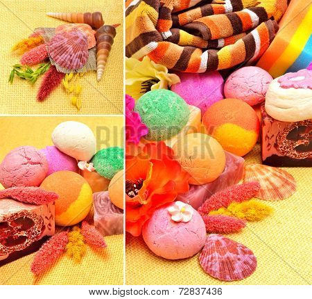 Handmade natural soap shells, bath bombs and pebbles.collage