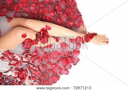 Portrait Of Beautyfull Hot Pinup Girl, Red Hair Taking Relaxing Bath With Flower Petals On White Cop