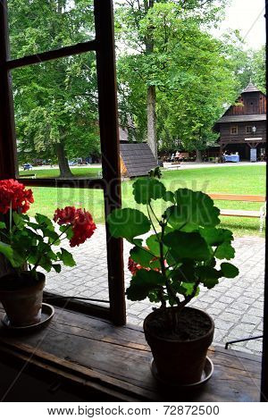 flower in the window, Wooden houses,
village Museum