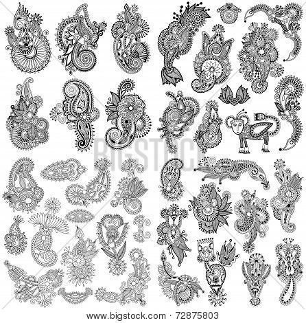 black line art ornate flower design collection, ukrainian ethnic
