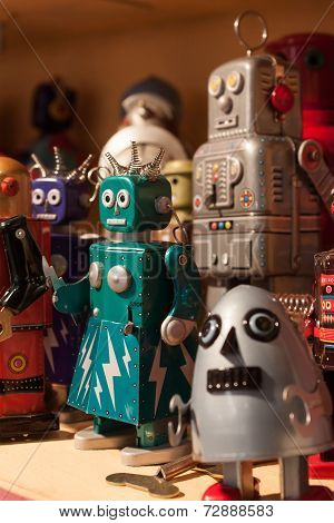 Vintage Tinplate Robots On Display At Homi, Home International Show In Milan, Italy