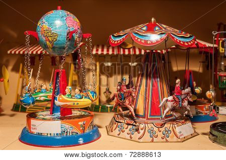 Vintage Tinplate Toys On Display At Homi, Home International Show In Milan, Italy