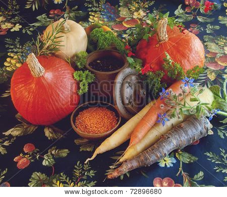 Pumpkins carrots seeds butternut squash and herbs - Still life composition with seasonal vegetables