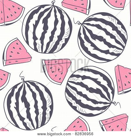 Watermelon With Slice Stylized Seamless Pattern