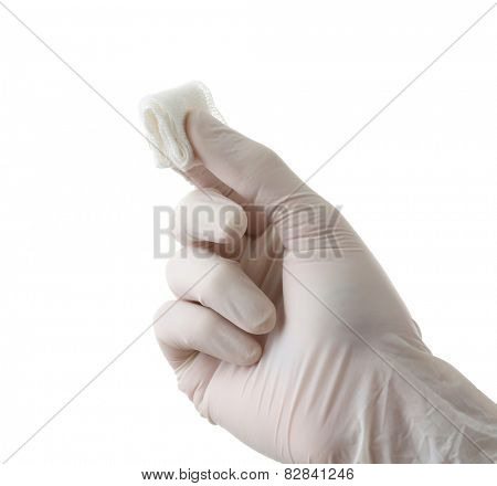 Doctor hand holding cheesecloth isolated on white