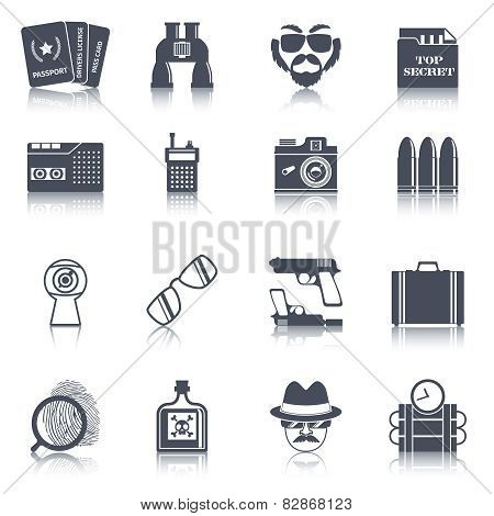 Spy gadgets black icons set