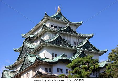 Historic Nagoya castle against blue sky