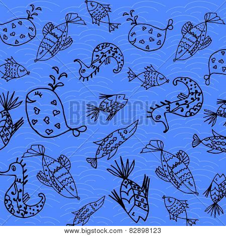 Cartoon fish, illustration of various marine animals