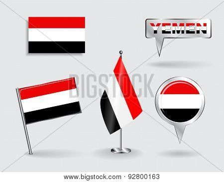 Set of Yemeni pin, icon and map pointer flags. Vector