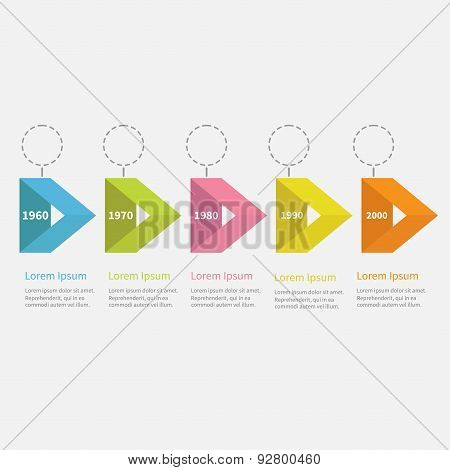 Infographic Timeline Five Step Ribbon Empty Arrow Dashed Circle And Text. Flat Design.