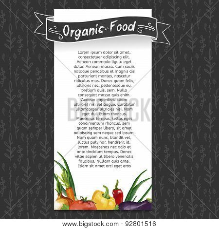 Template flyer or brochure with the decor of vegetables drawings in watercolor style. Dark backgroun