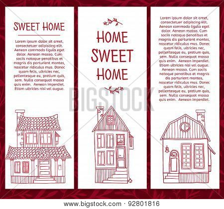 Set of templates of cards with line drawings of cute houses. Place for your text. Vector.